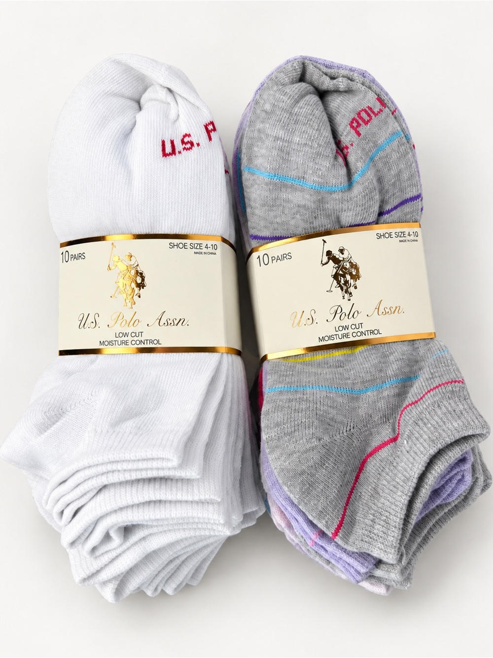 U.S. Polo Assn. Low-Cut Sock Pack - White & Gray with Multicolor Accents 20 pair